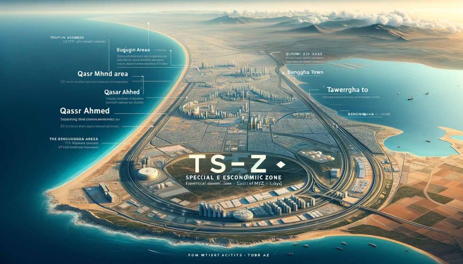Illustrate an aerial view of the Special Economic Zone - Tobact (TSEZ) in North Africa, highlighting its strategic positioning east of Misrata, Libya